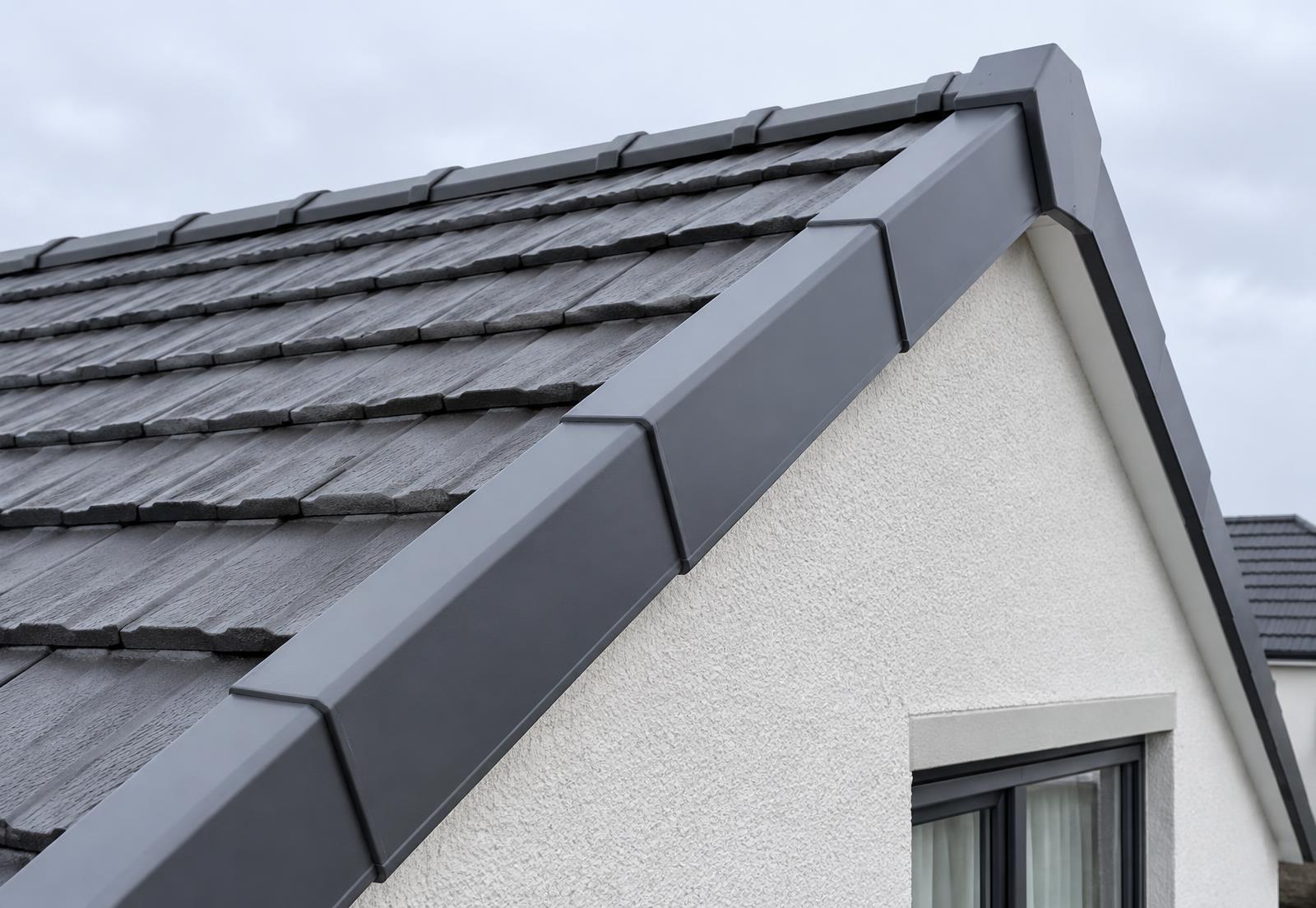 Professionally finished grey dry verge system on the gable edge of a tiled roof in Dublin